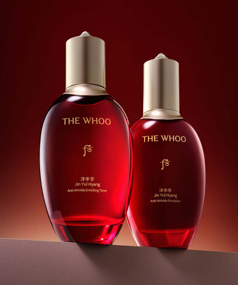 THE WHOO Jin Yul Hyang Anti-Wrinkle Emulsion 110ml displayed with luxury packaging on a gradient background.