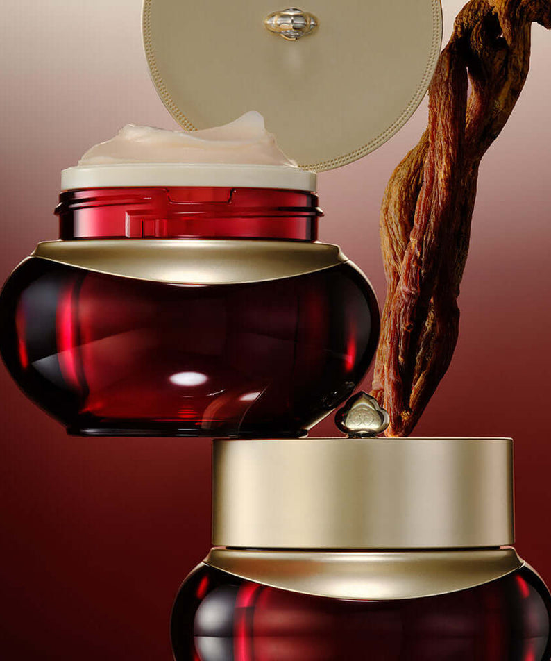 THE WHOO Jin Yul Hyang Anti-Wrinkle Enriching Cream 50ml in a luxurious red jar with gold accents, open to show cream texture.