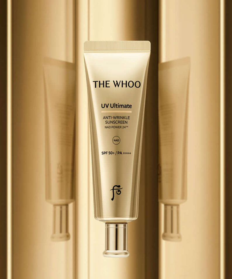 THE WHOO UV Ultimate Anti-Wrinkle Sun 50ml tube against gold background