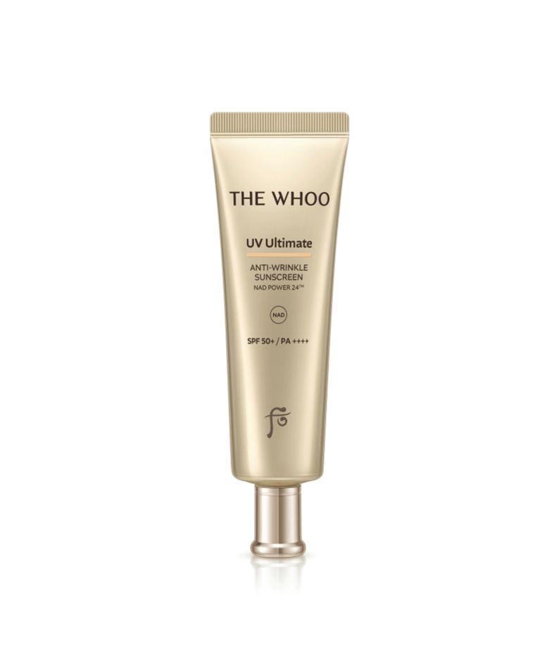 Image of THE WHOO UV Ultimate Anti-Wrinkle Sun 50ml sunscreen tube with SPF 50+ and PA++++ protection.