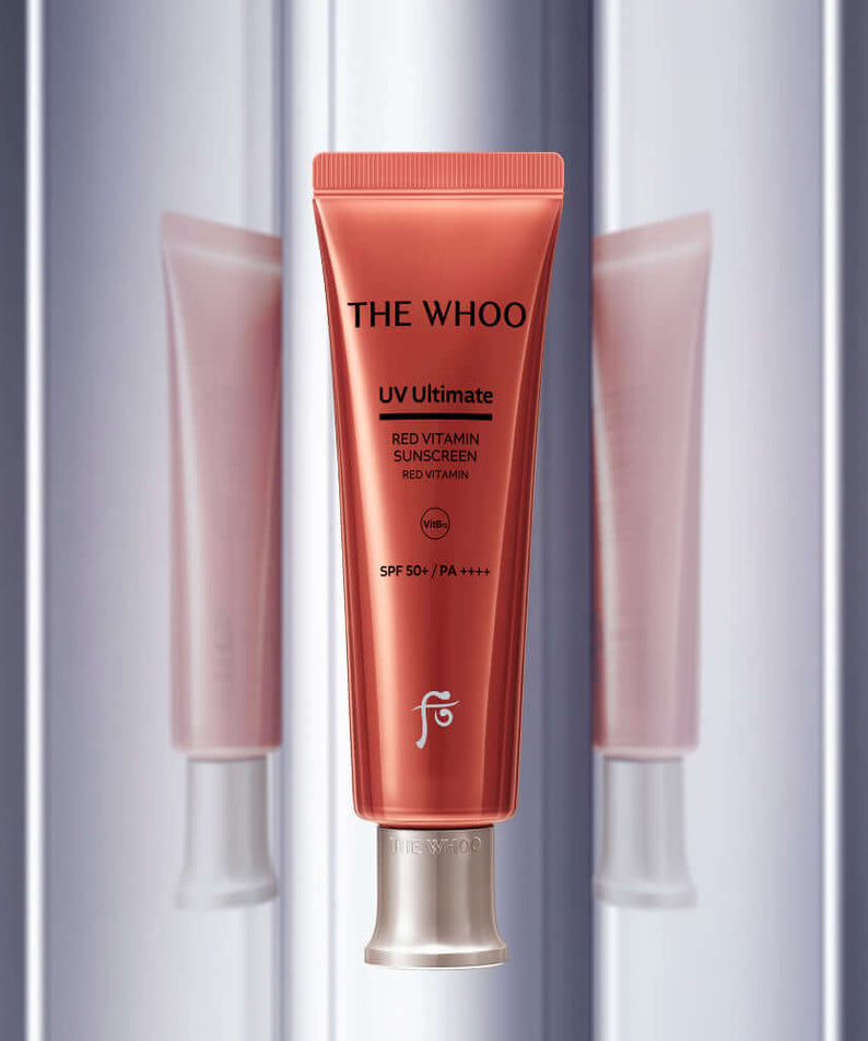 THE WHOO UV Ultimate Red Vitamin Sunscreen 50ml product image with red packaging and SPF details reflected on glossy surface.