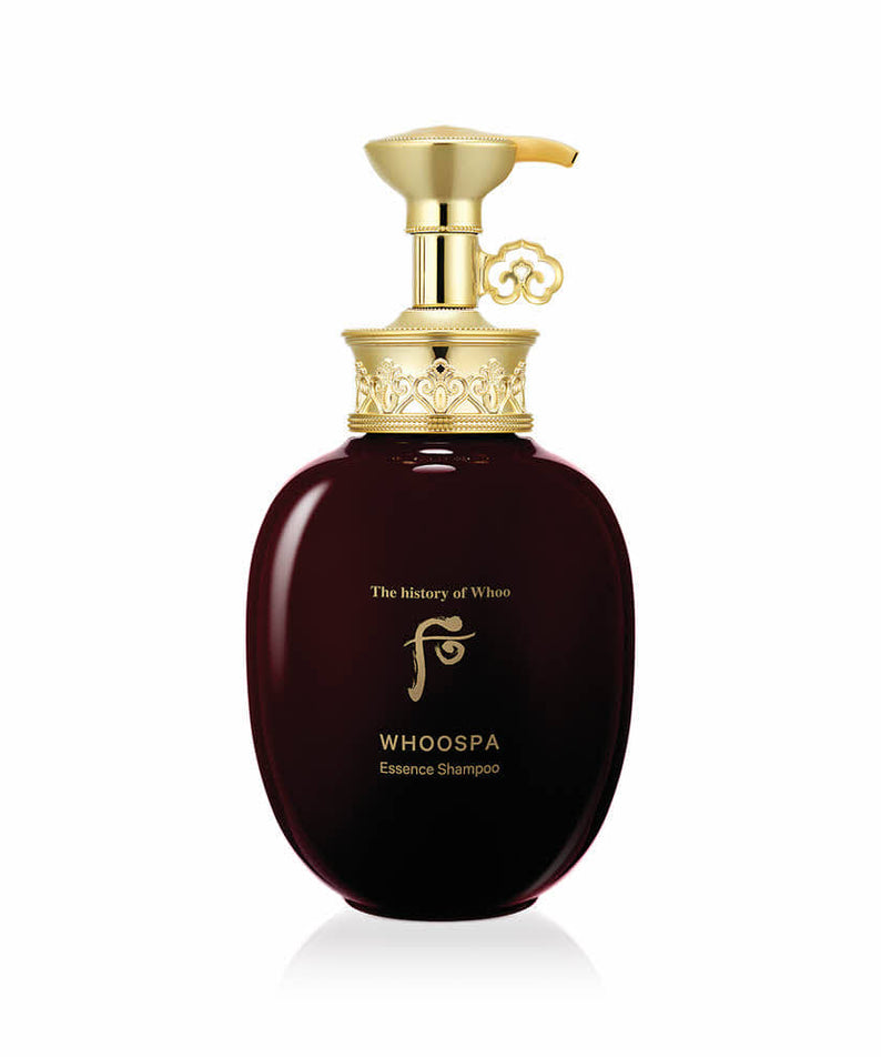 THE WHOO Whoo Spa Essence Shampoo 350ml bottle with gold pump dispenser against white background