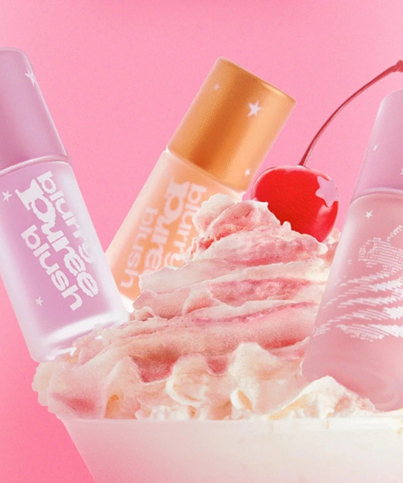 TIP TOE Blurry Puree Blusher bottles with whipped cream and cherry, showcasing colorful blush shades.