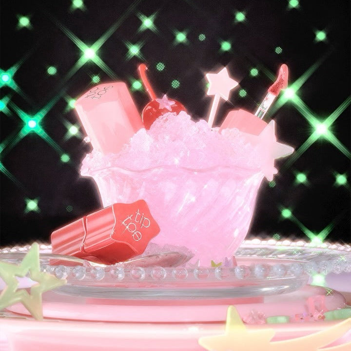 TIP TOE Glowit Sorbet Tint displayed in a starry-themed sorbet glass, showcasing vibrant tint products under glowing lights.