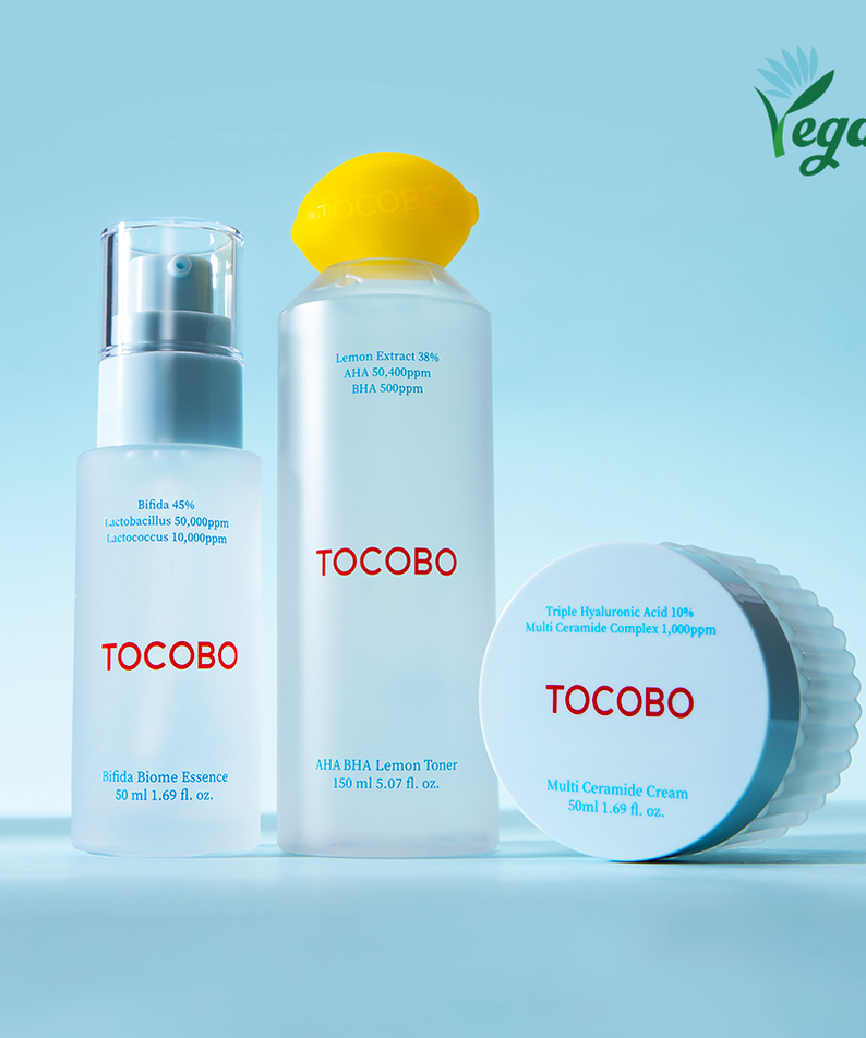 TOCOBO Basic Trio Set (Essence, Toner & Cream) displayed with vegan label