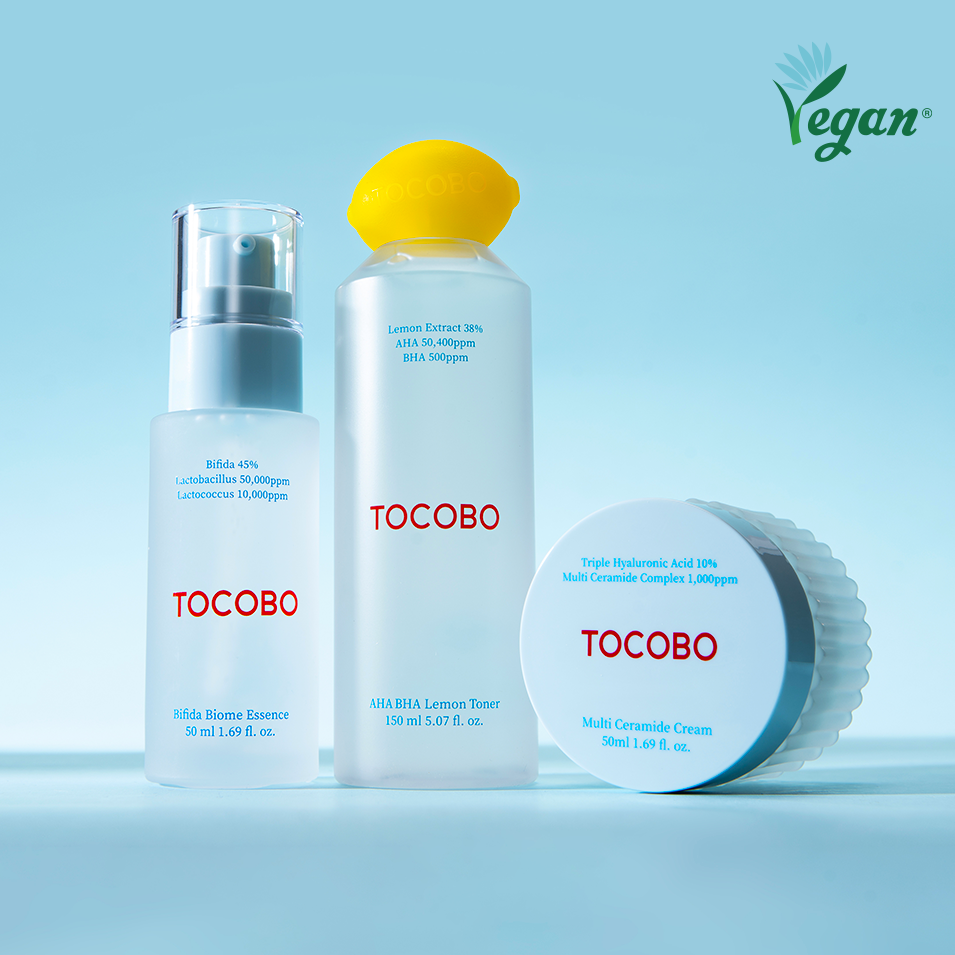 TOCOBO Basic Trio Set (Essence, Toner & Cream) displayed with vegan label