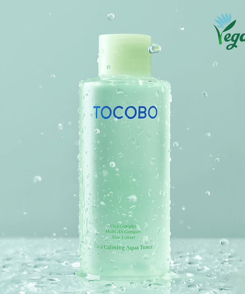 TOCOBO Cica Calming Aqua Toner vegan skincare product in a clear bottle with water droplets.