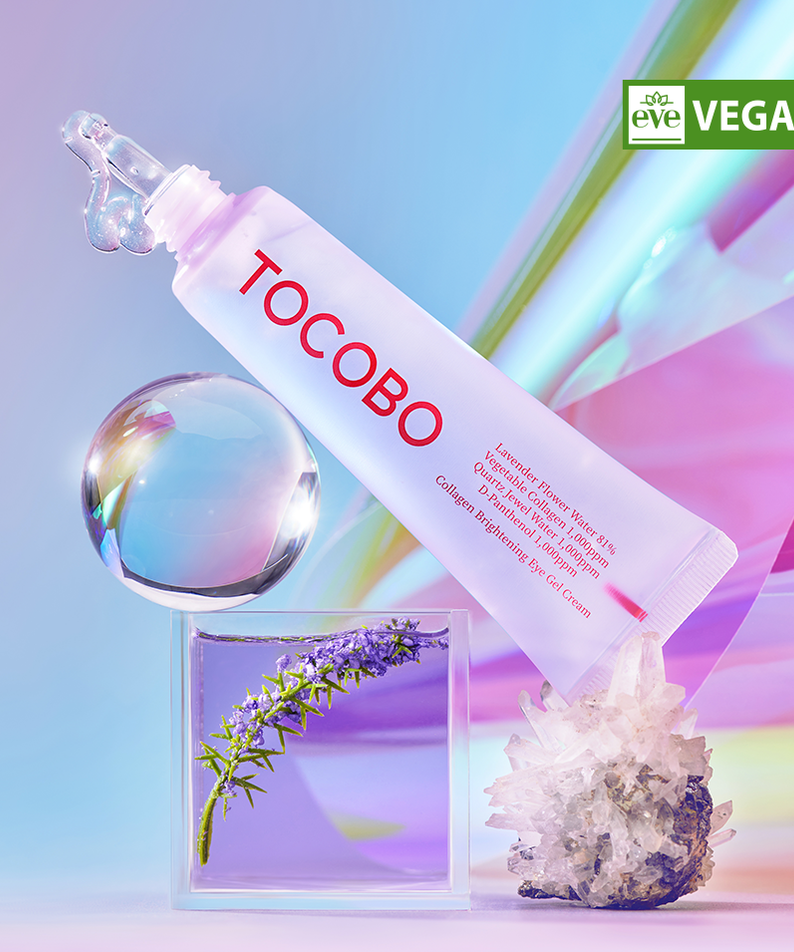 TOCOBO Collagen Brightening Eye Gel Cream 30ml tube with vibrant background, highlighting its vegan, collagen-rich formula for eye care.