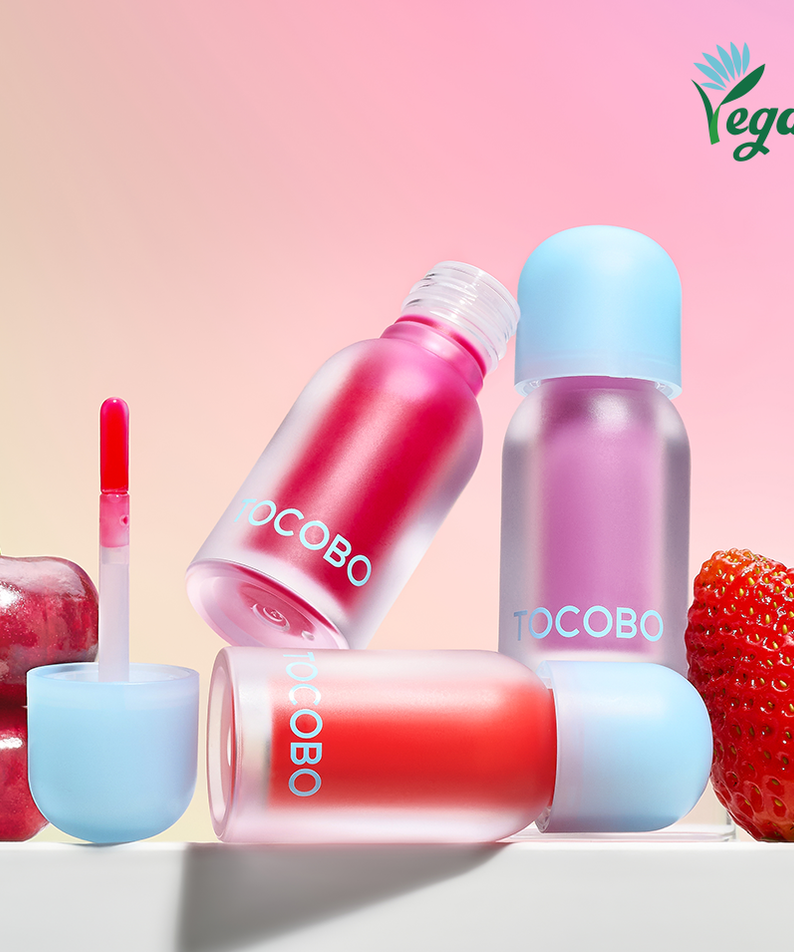 TOCOBO Juicy Berry Pluming Lip Oil with fruits, vegan formula, hydrating and glossy finish.