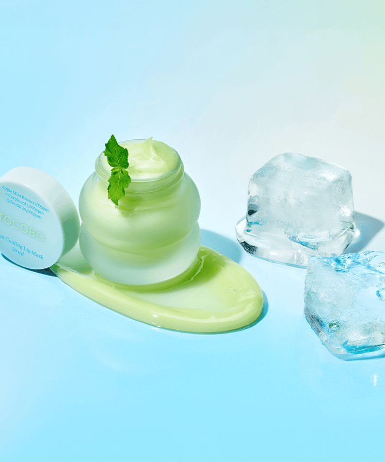 TOCOBO Mint cooling Lip Mask displayed with ice cubes, showcasing its cooling properties and minty freshness.