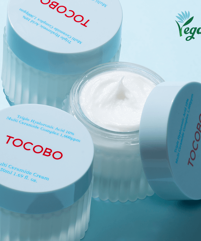 TOCOBO Multi Caramide Cream in glass jars with white texture, vegan label visible, promoting skincare benefits and hydration.