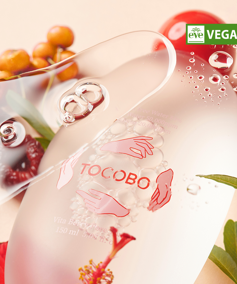 TOCOBO Vita Berry Pore Toner 150ml with berries and vegan certification in background