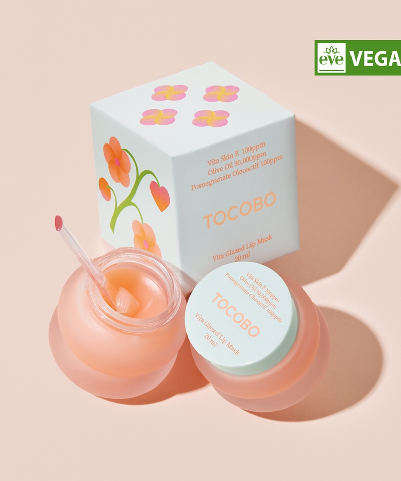 TOCOBO Vita Glazed Lip Mask 20ml with packaging and open jar, vegan certification displayed.