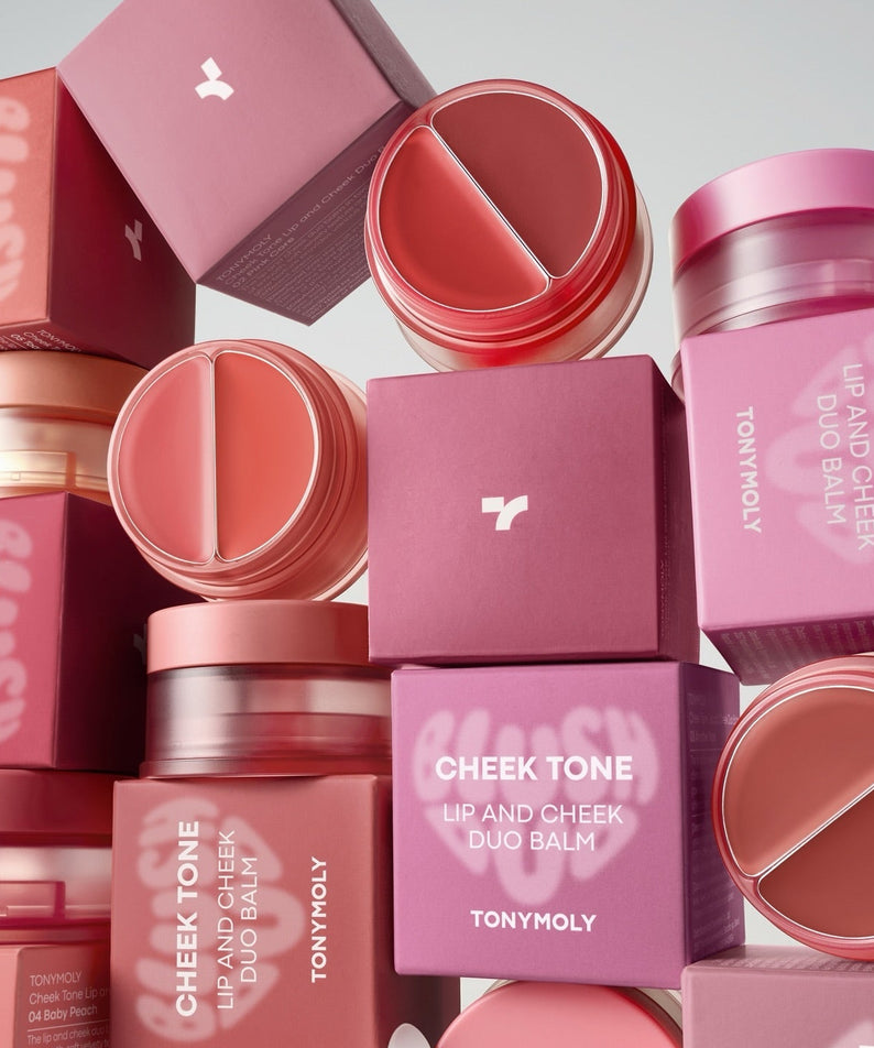 Stack of TONY MOLY Cheek Tone Lip & Cheek Duo Balm in various shades with packaging