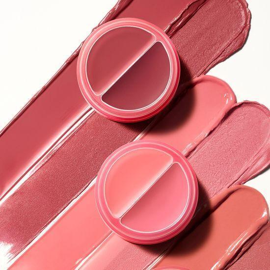 TONY MOLY Cheek Tone Lip & Cheek Duo Balm in various shades, top view of open balm containers showcasing dual color options.