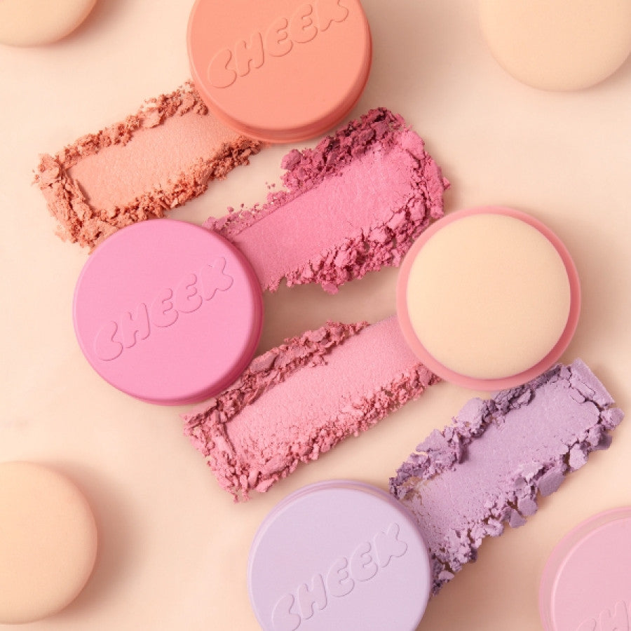 TONY MOLY Cheektone Jelly Blusher in various shades displayed with blush compacts and applicator pads.