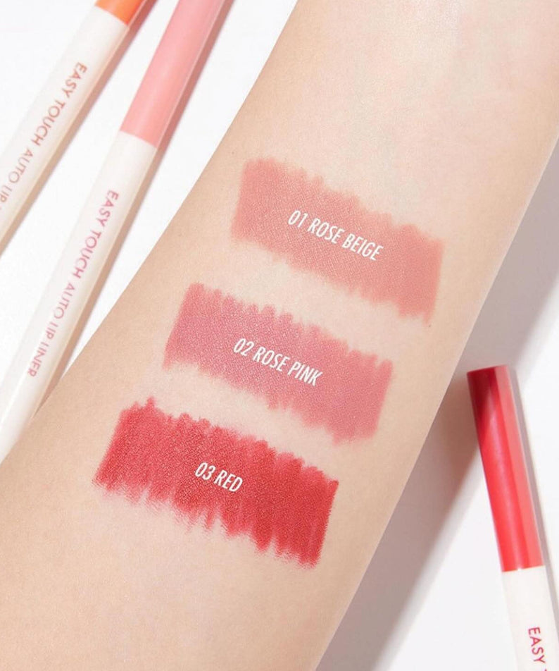 Swatches of TONY MOLY Easy Touch Auto Lip Liner in Rose Beige, Rose Pink, and Red displayed on arm.