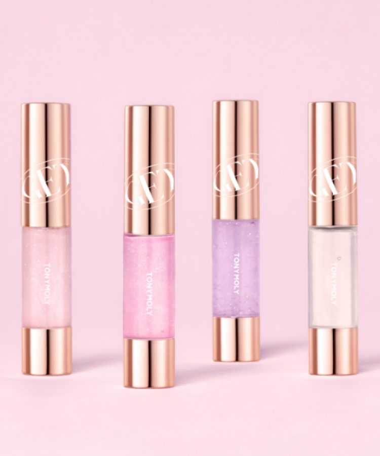 TONY MOLY Get It Tint Plumper, diverse shades of lip tint tubes on a pink background