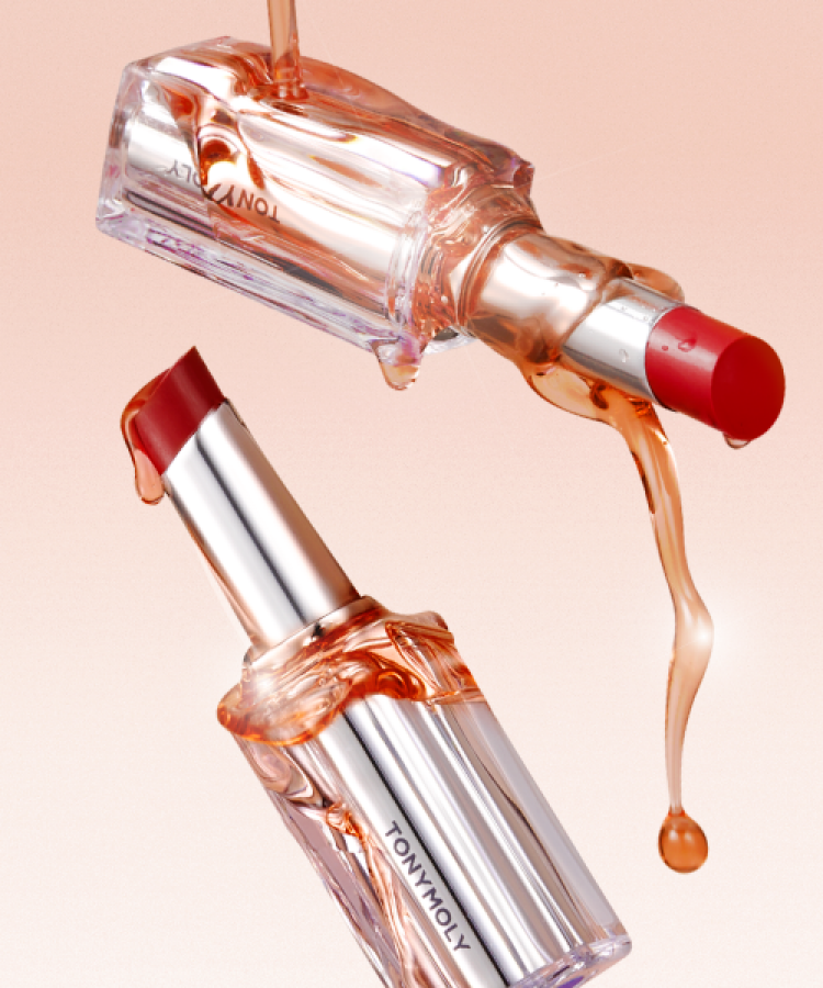 TONY MOLY Get It Tint Syrup Stick with vibrant, glossy finish showcasing lipstick and syrup texture.