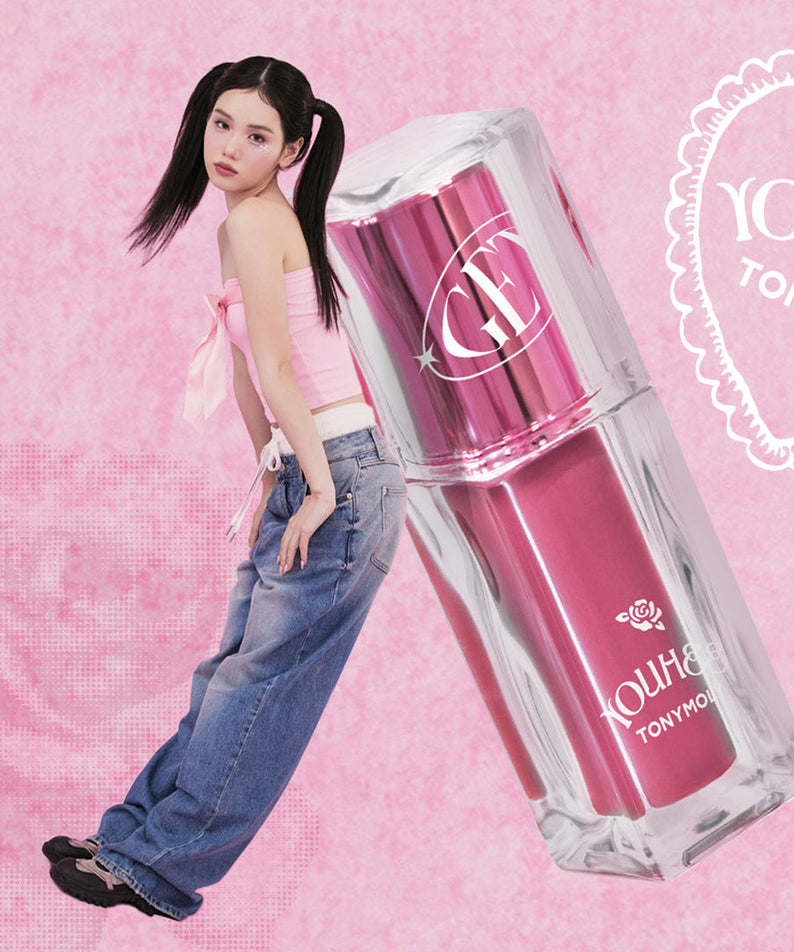 TONY MOLY Get It Tint Waterful Butter with a vibrant pink background and stylish model showcasing the cosmetic product.