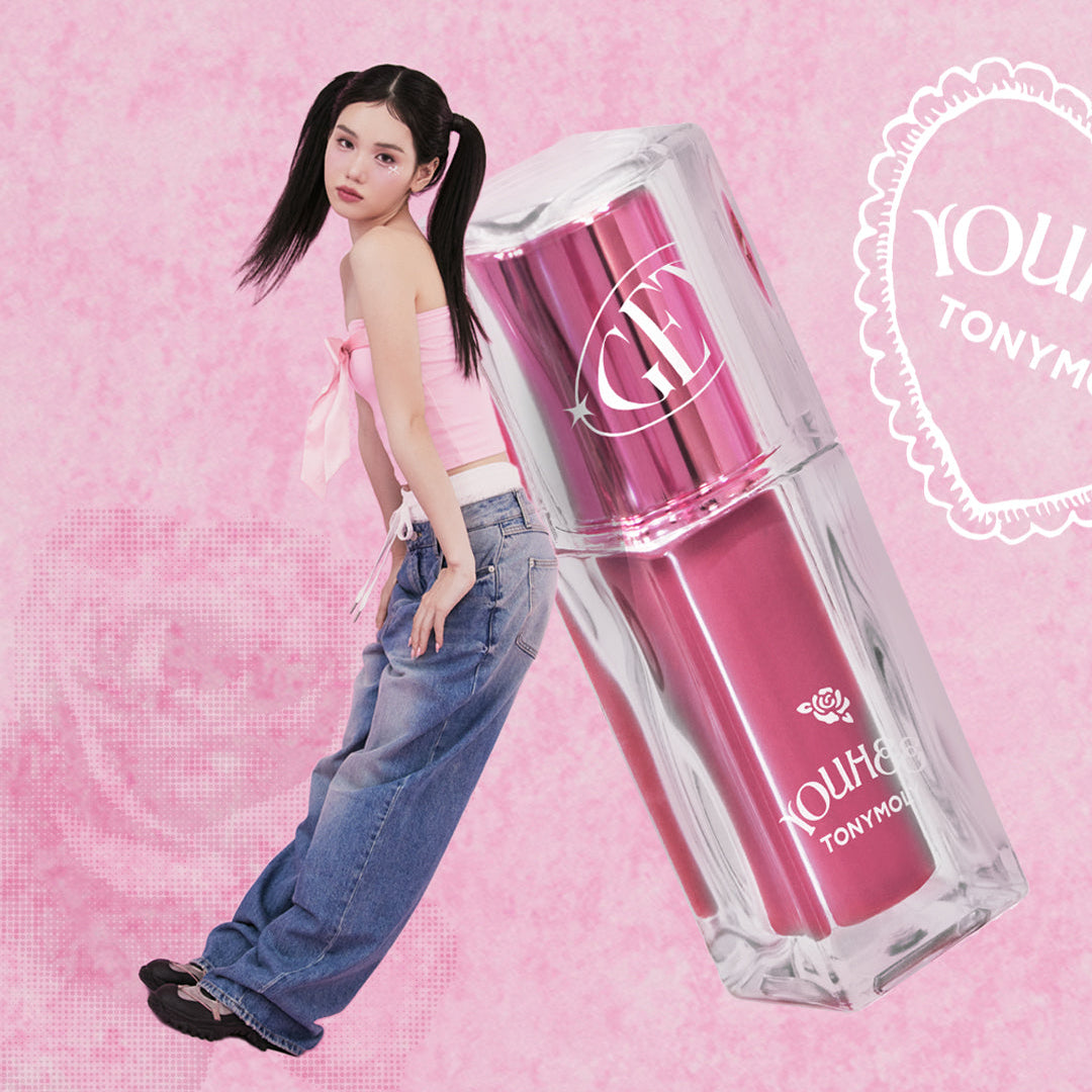 TONY MOLY Get It Tint Waterful Butter with a vibrant pink background and stylish model showcasing the cosmetic product.