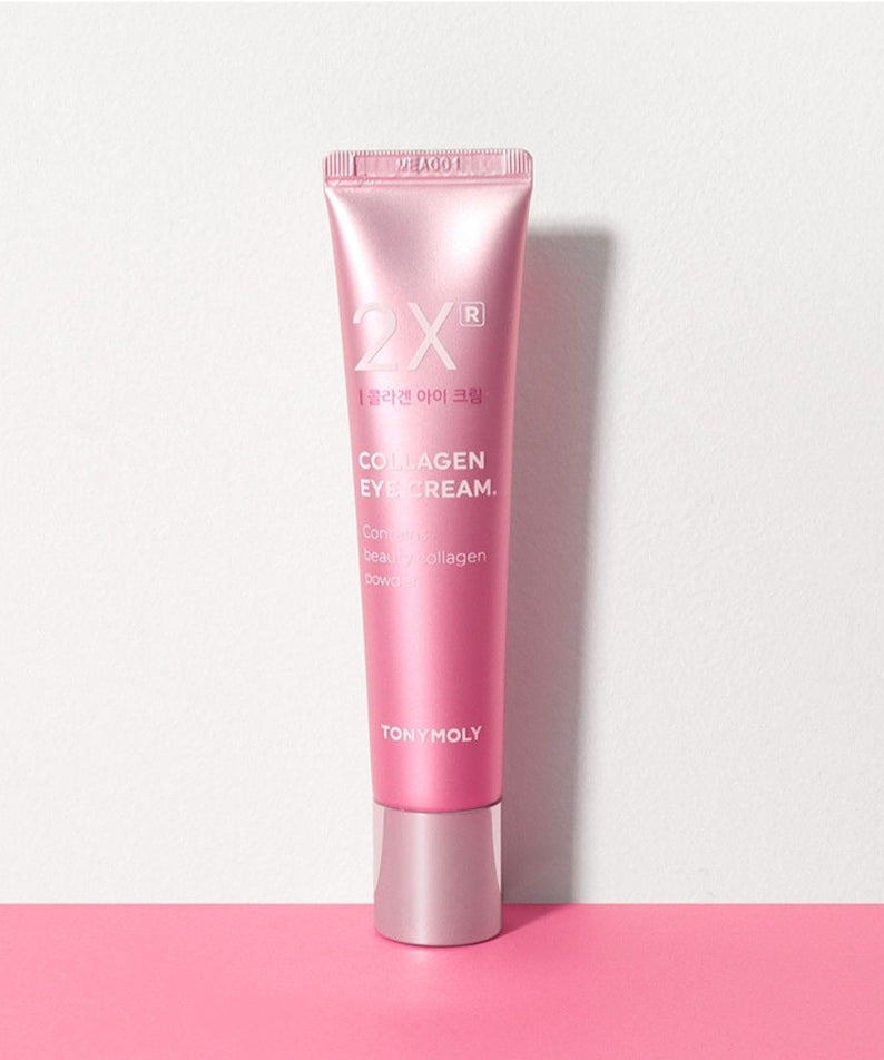TONYMOLY 2Xr Collagen Eye Cream 30ml - pink tube packaging on a pink background.
