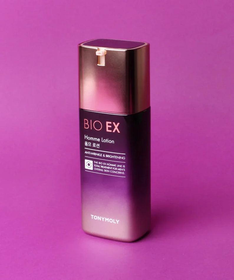 TONYMOLY Bio EX Homme Lotion 130ml – Gentleman Korea premium Korean men’s skincare lotion bottle on pink background