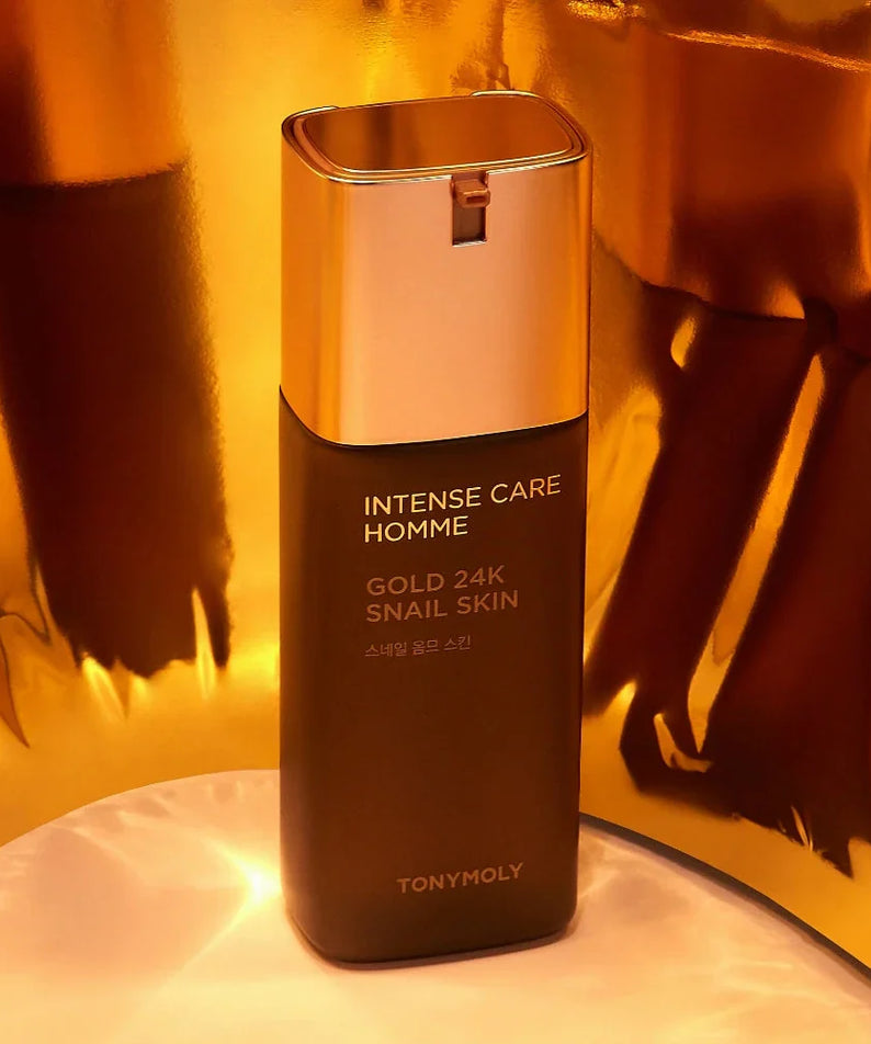 TONYMOLY Intense Care Gold 24K Snail Homme Skin 130ml - Gentleman Korea premium men's skincare bottle on gold background