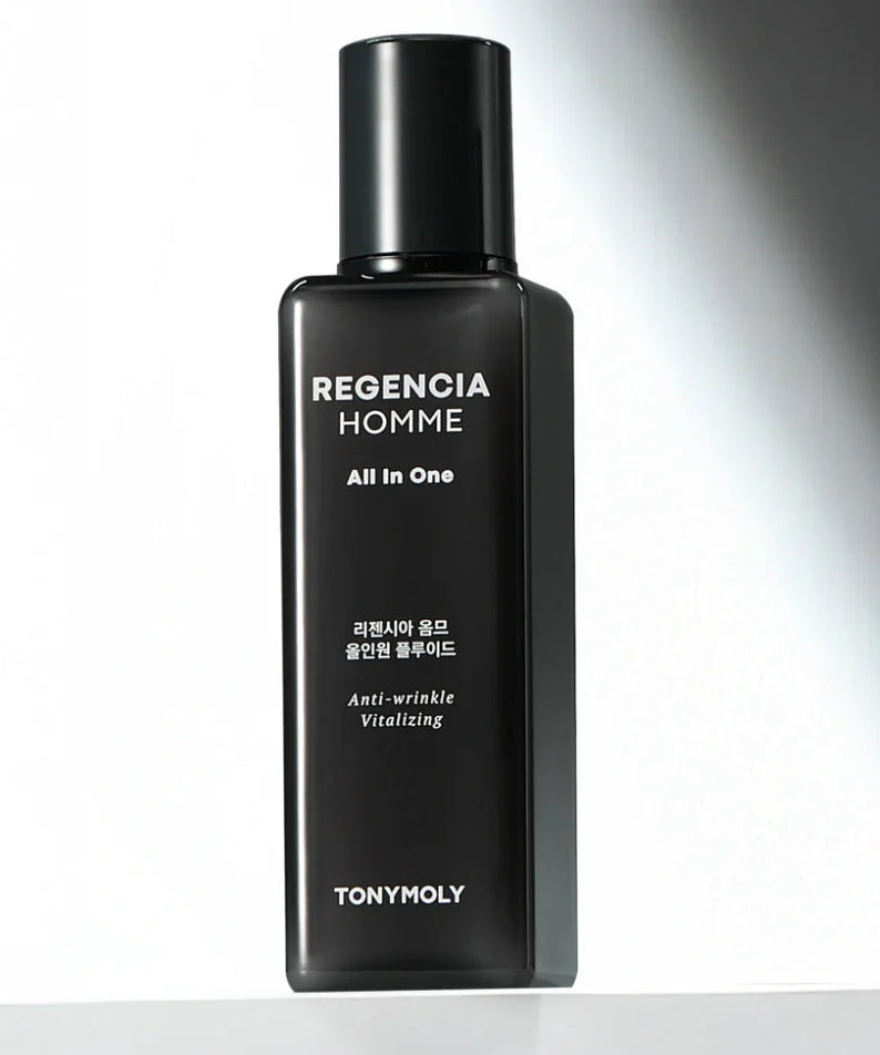 TONYMOLY Regencia Homme All-in-One Fluid 150ml black bottle product shot by Gentleman Korea - men's skincare for anti-wrinkle revitalizing care