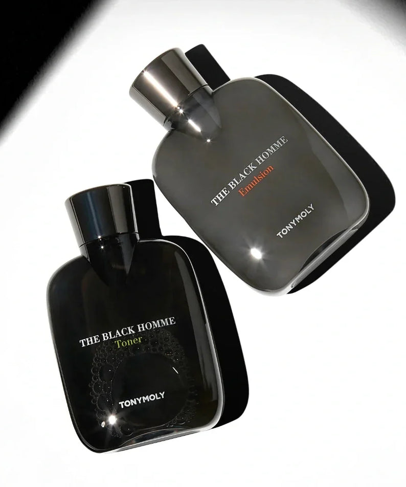 TONYMOLY The Black Homme 2 Pieces Set - Gentleman Korea export photo of two black men's skincare bottles for grooming and fragrance