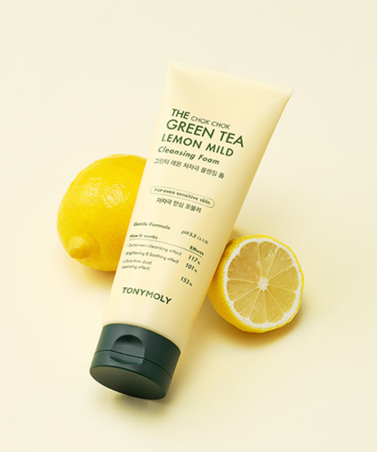 TONYMOLY The Chok Chok Green Tea Lemon Mild Cleansing Foam 150ml with fresh lemons in the background