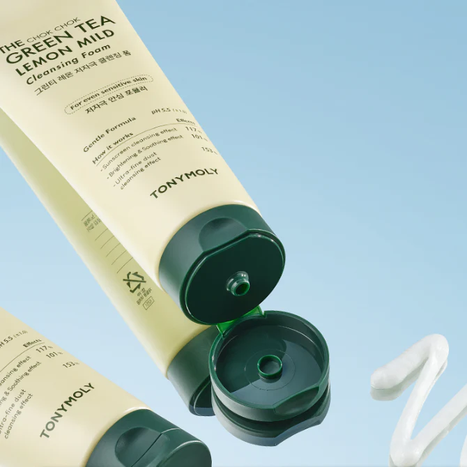 TONYMOLY The Chok Chok Green Tea Lemon Mild Cleansing Foam 150ml tubes with open cap and product texture.