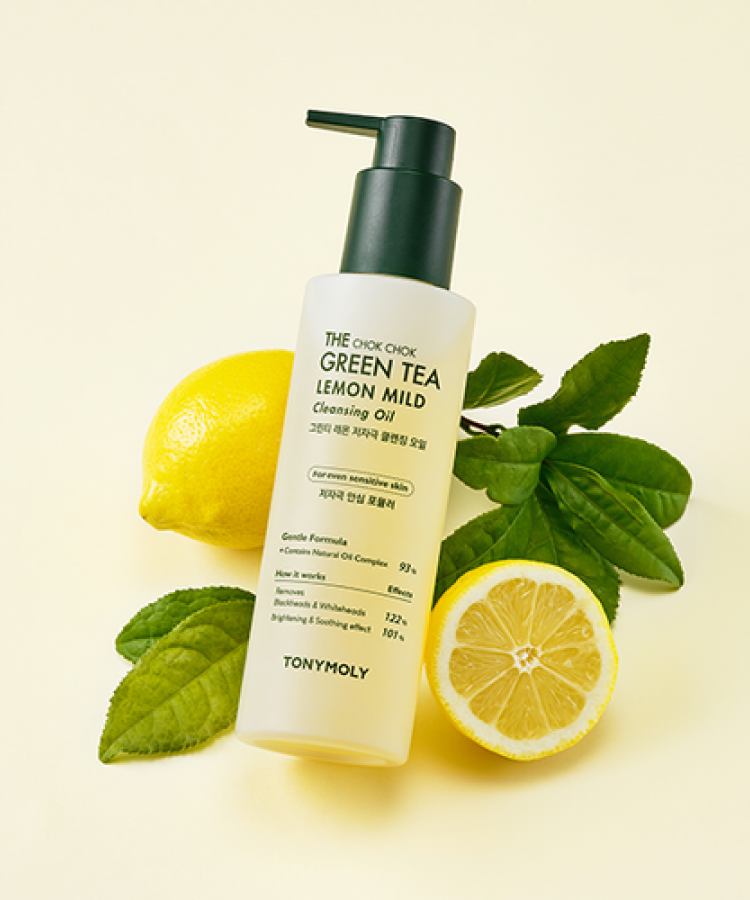 TONYMOLY The Chok Chok Green Tea Lemon Mild Cleansing Oil 200ml with lemon and green tea leaves