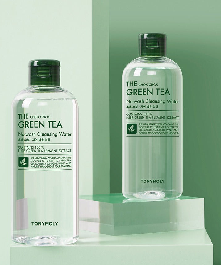 TONYMOLY The Chok Chok Green Tea No-wash Cleansing Water 300ml bottles displayed on a green background