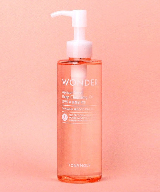 TONYMOLY Wonder Apricot Deep Cleansing Oil 190ml bottle on peach background