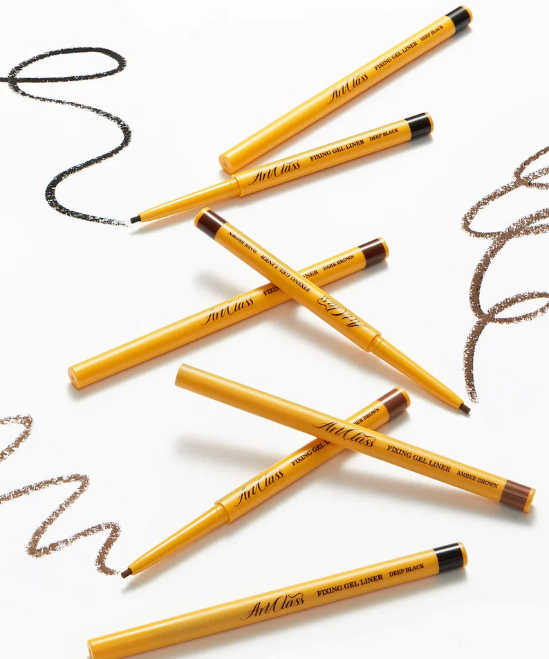 TOO COOL FOR SCHOOL Fixing gel liner displayed on a white background with curved lines drawn in black and brown.