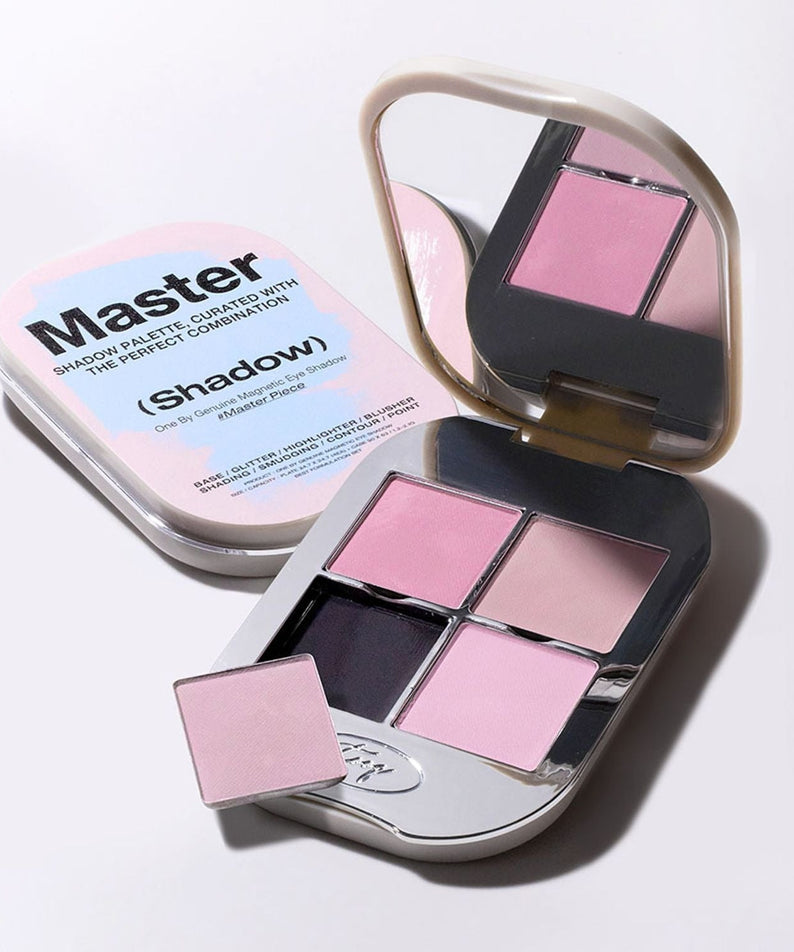 TOOQ Master Piece Face Shadow Palette with pink and nude shades and built-in mirror, perfect for versatile makeup looks.