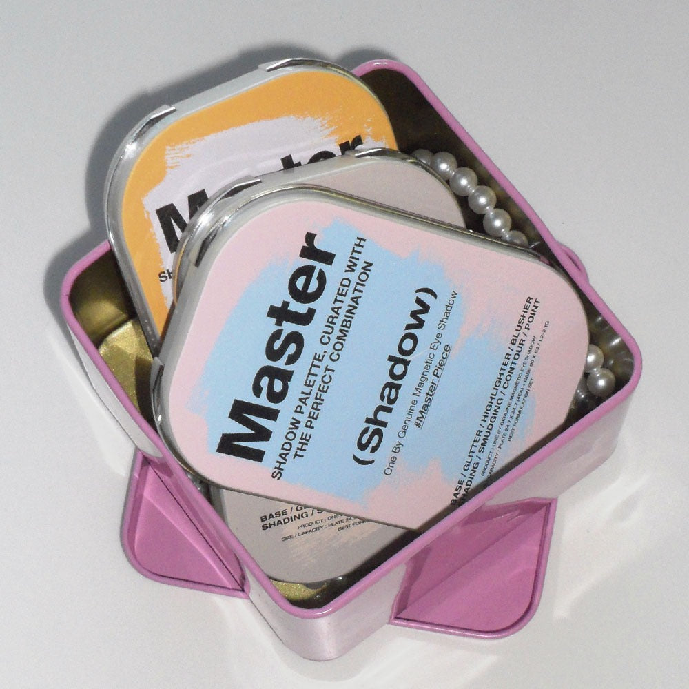 TOOQ Master Piece Face Shadow Palette in pink box showcasing elegant design and vibrant colors for makeup enthusiasts.