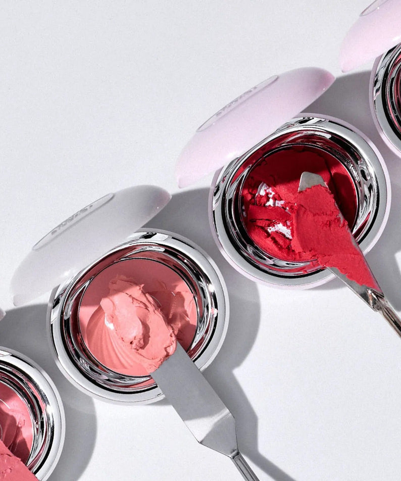 TOOQ Satin Peach Blossom blush and tools in open containers on white background