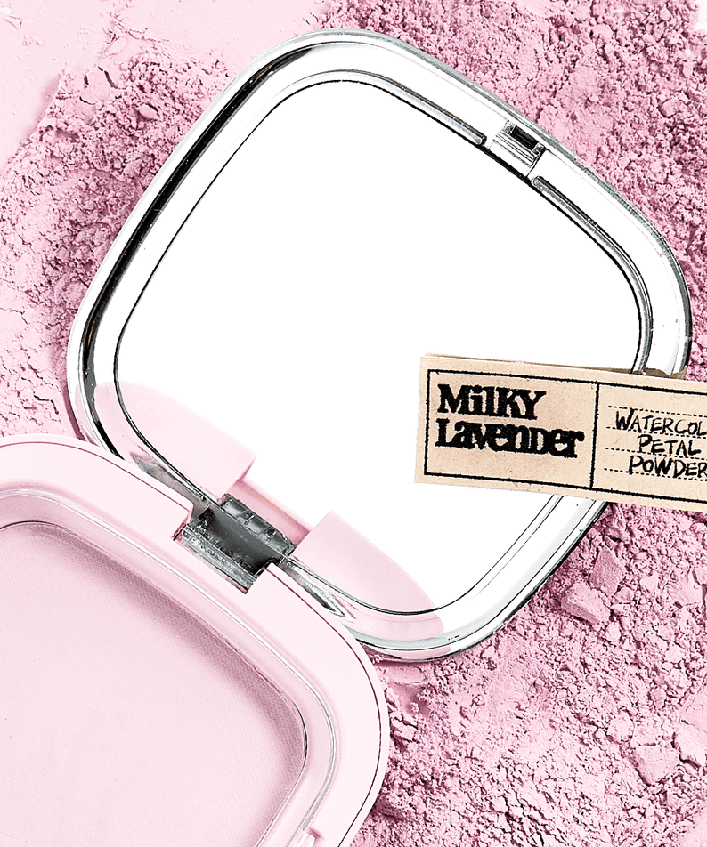 TOOQ Water Color Petal Powder in Milky Lavender shade, open compact with powder and label, ideal for makeup enthusiasts.