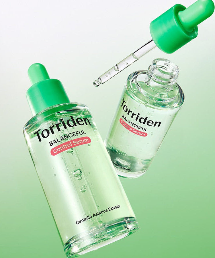 TORRIDEN Balanced Cica Control Serum 50ml with green dropper cap and clear bottle on a green background