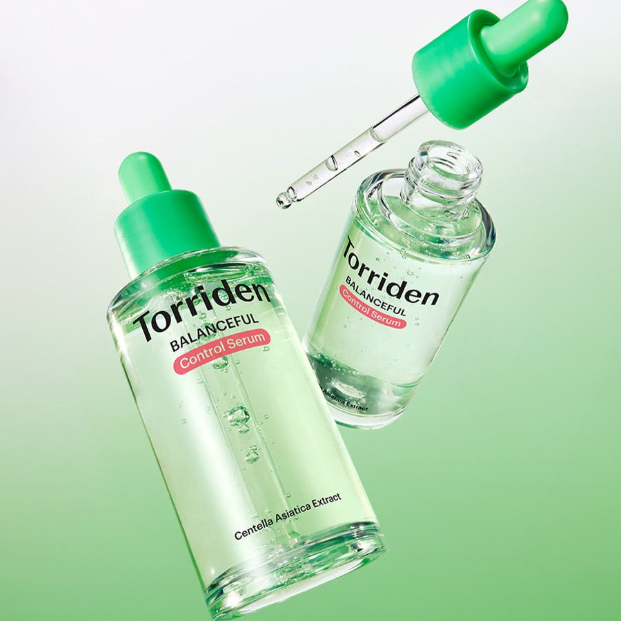 TORRIDEN Balanced Cica Control Serum 50ml with green dropper cap and clear bottle on a green background
