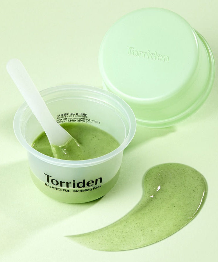 TORRIDEN Balanceful Cica Modeling Pack 30g skincare product with spatula and green modeling pack displayed.