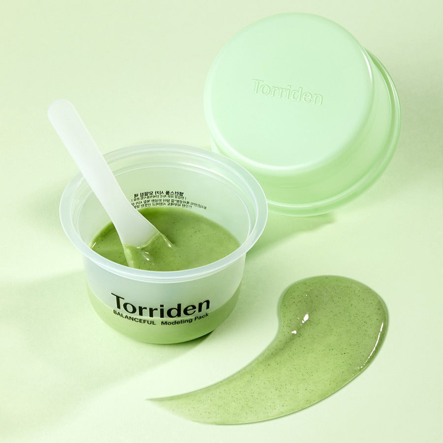 TORRIDEN Balanceful Cica Modeling Pack 30g skincare product with spatula and green modeling pack displayed.