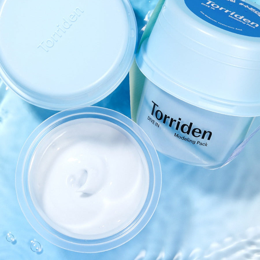TORRIDEN Dive In Low olecular Hyaluronic Acid Modeling Pack on a blue background showing open and closed containers.