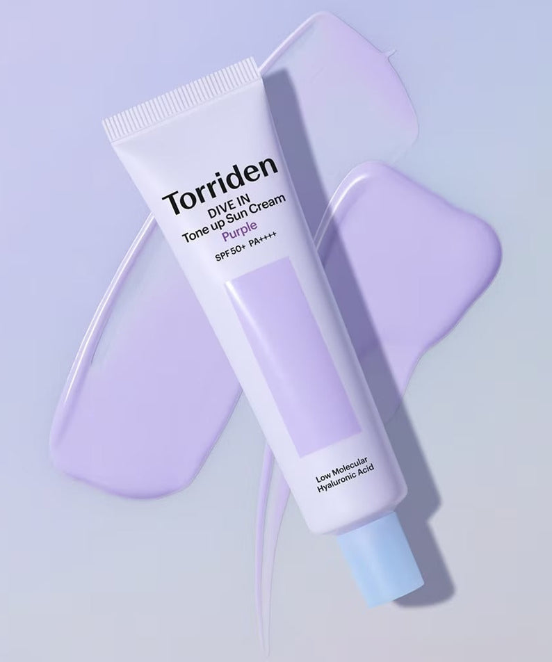 TORRIDEN Dive In Tone Up Sun Cream Purple 50+PA++++ 60ml packaging with purple cream swatch