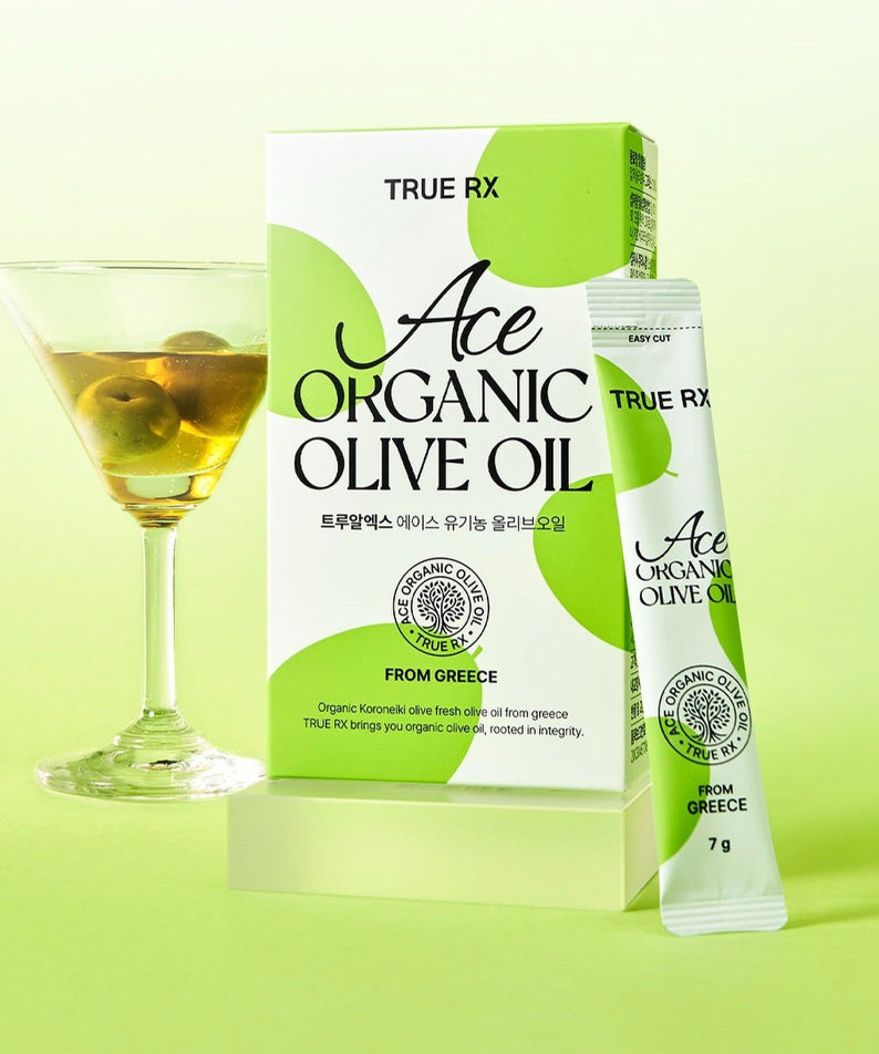 TRUE RX Ace Organic Live Oil with packaging and martini glass