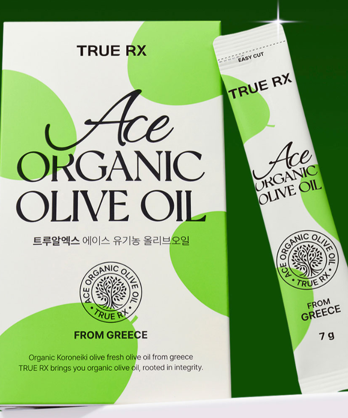 TRUE RX Ace Organic Live Oil packaging with green and white design showcasing olive oil from Greece.
