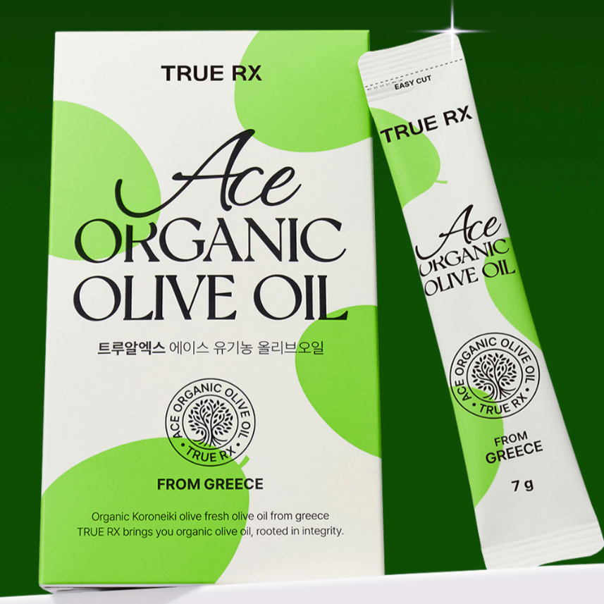 TRUE RX Ace Organic Live Oil packaging with green and white design showcasing olive oil from Greece.