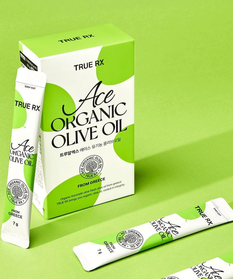 TRUE RX Ace Organic Live Oil packaging with individual sachets, displayed on a green background.